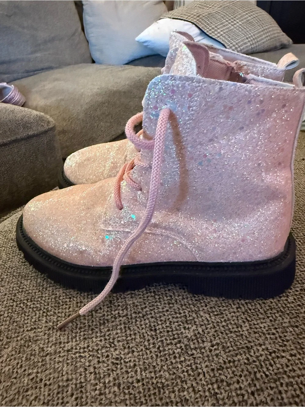 Worn once! SHEIN Pink Glitter Lace-Up Kids Boots